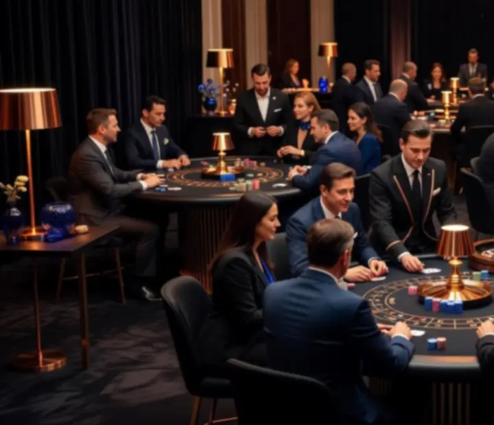 Firemní kasinový program s pokerovým stolem a hosty během společenského večera