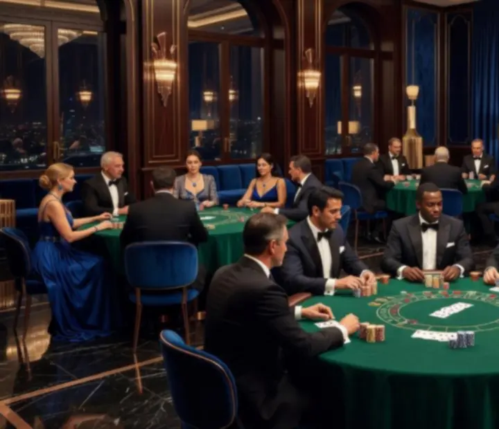 Elegantní kasinový večer s pokerovým stolem, ruletou a hosty v luxusním prostředí