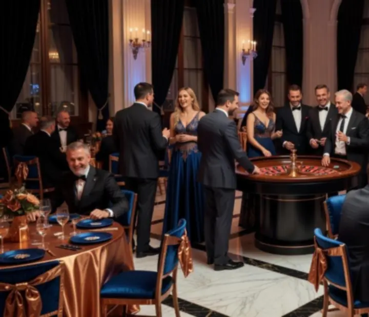 Hosté bavící se u kasinových stolů během elegantního večera